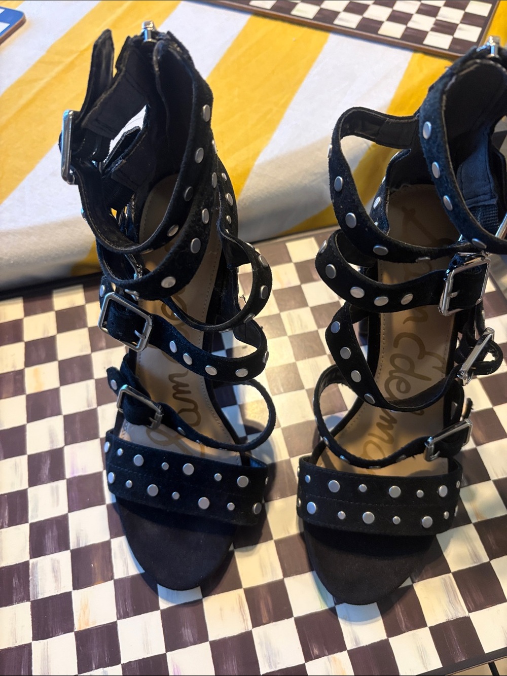 Sam Edelman Black Studded Multi-Strap High Heels